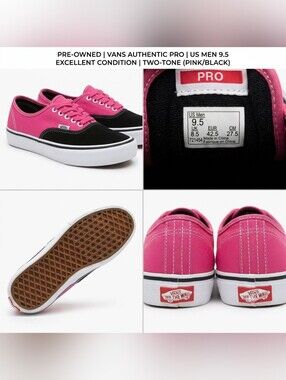 Vans Authentic Pro Pink Black Low-Top Skate Sneakers Shoes Unisex M9.5 Lace Up